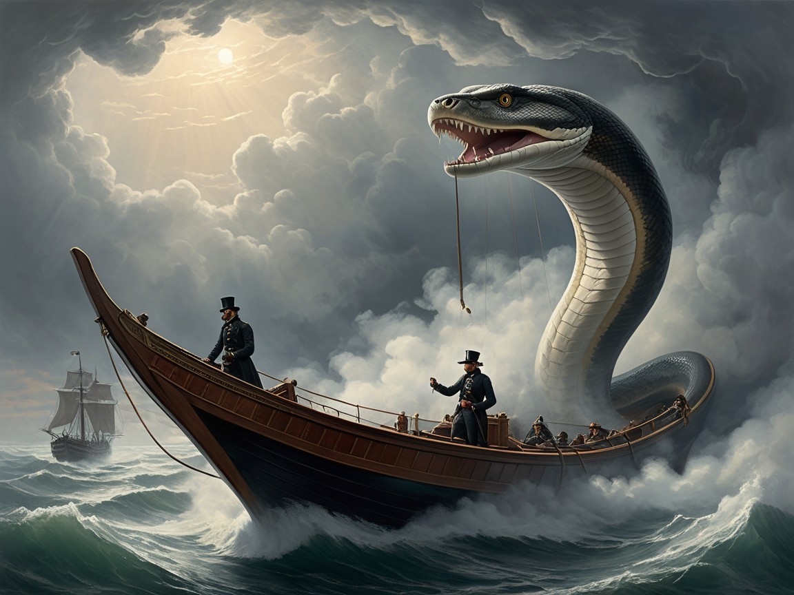 Vintage Boat Encountering Sea Serpent on Turbulent Waters