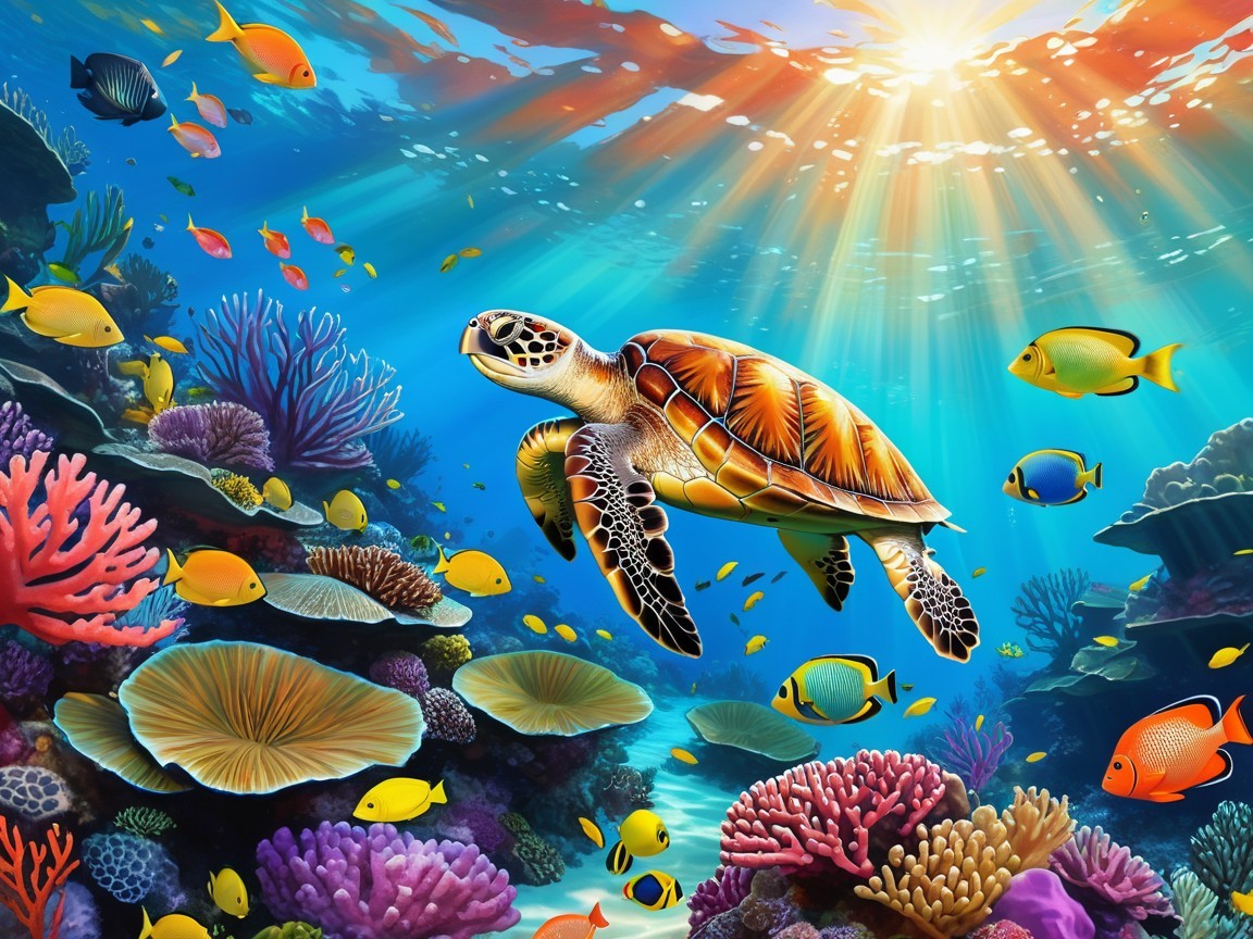 Underwater Scene with Sea Turtle and Coral Reef