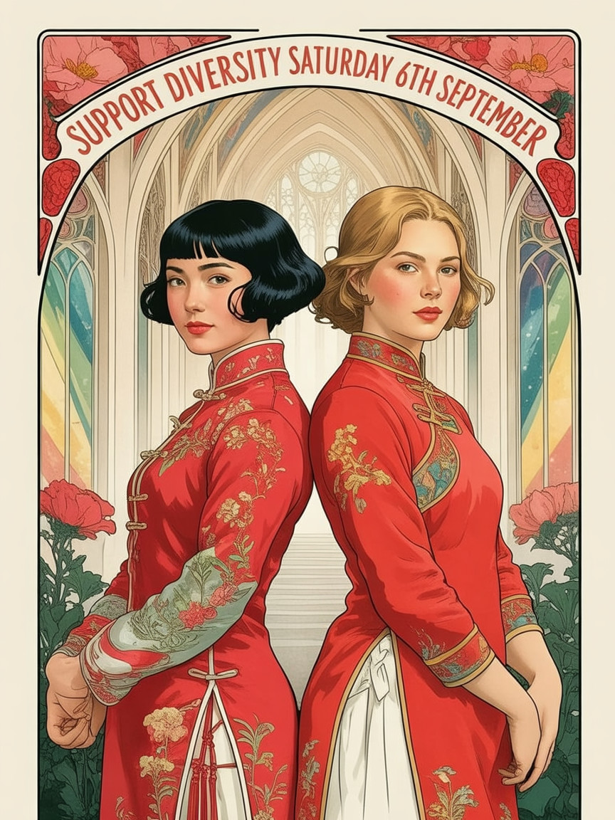 Elegant Red Attire and Rainbow Architecture Display