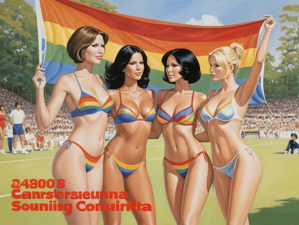 Four Women Holding Rainbow Flag in Vibrant Park