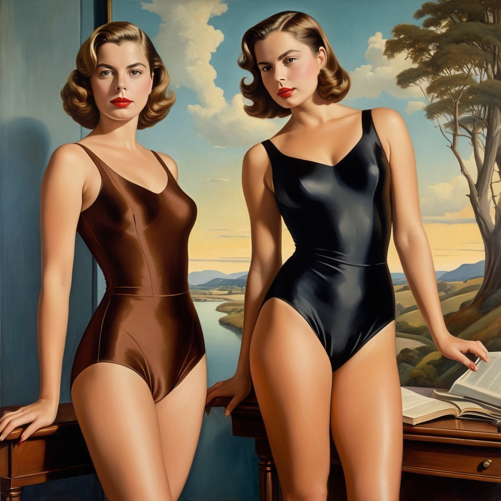 Vintage Swimsuits and Elegant Poses in Scenic Landscape