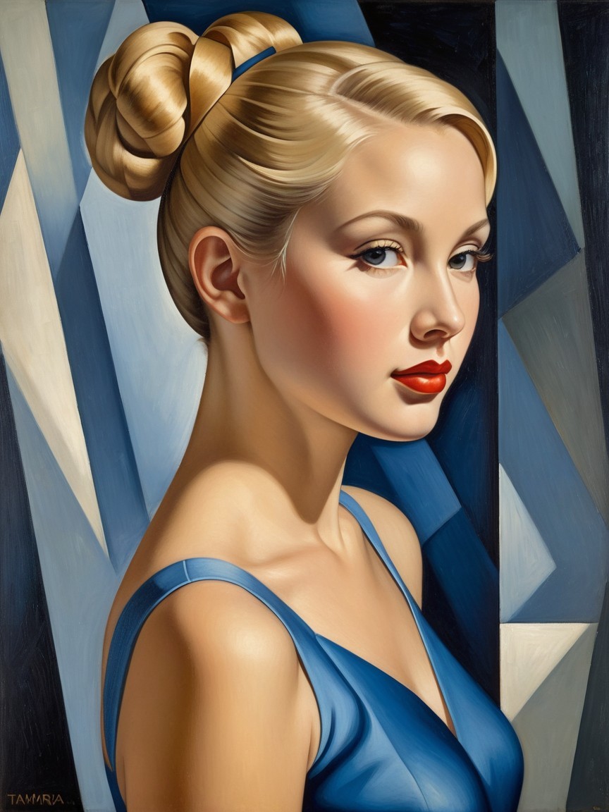 Sophisticated Woman in Blue Outfit with Geometric Background