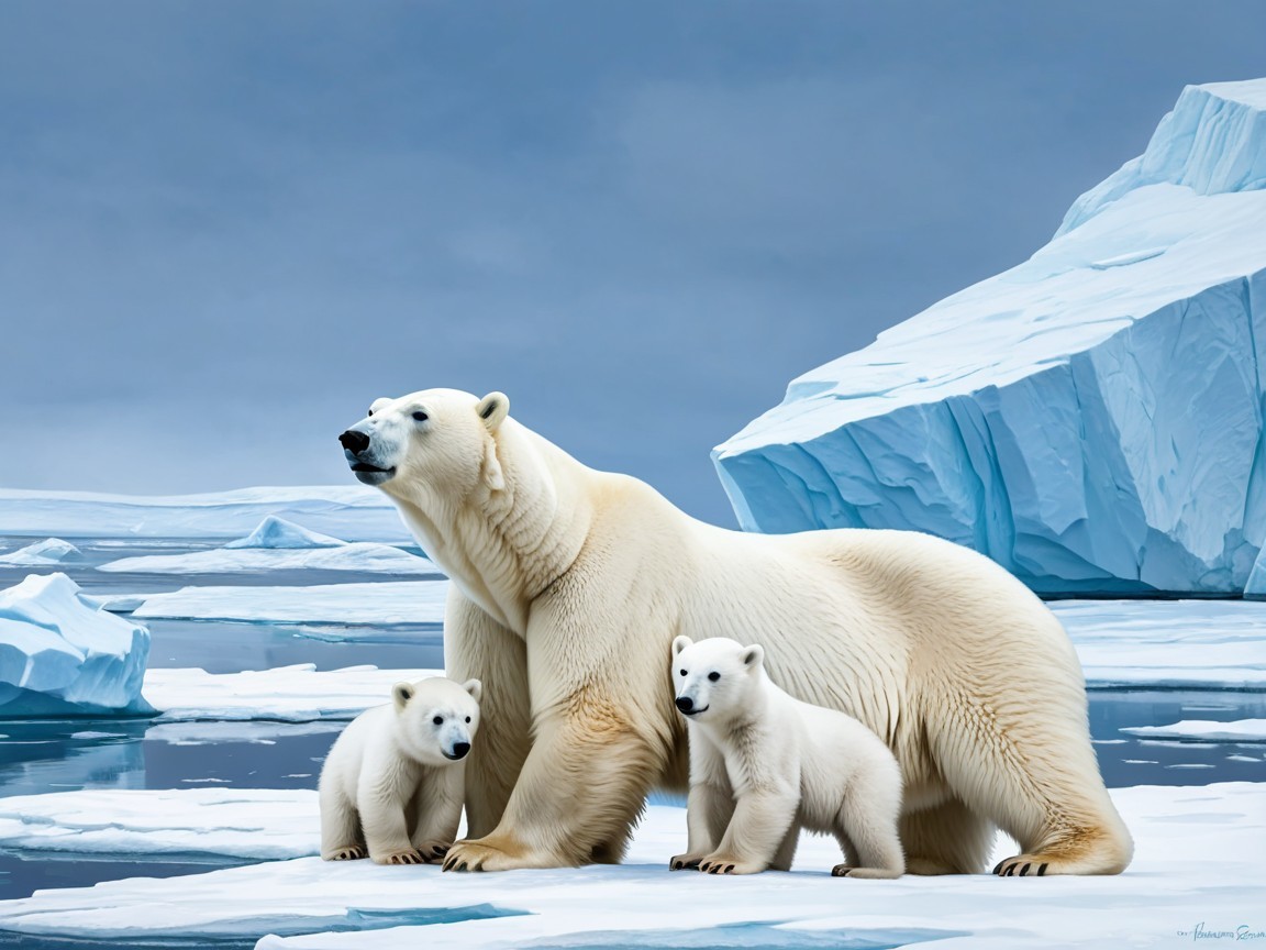 Polar Bear and Cubs in Arctic Ice Landscape