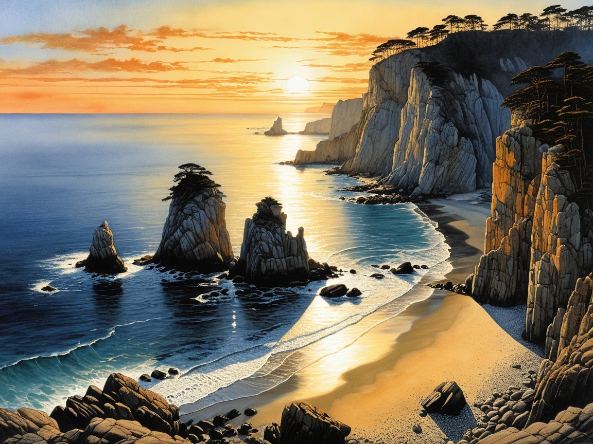 Coastal Sunset with Cliffs and Tranquil Ocean Scene