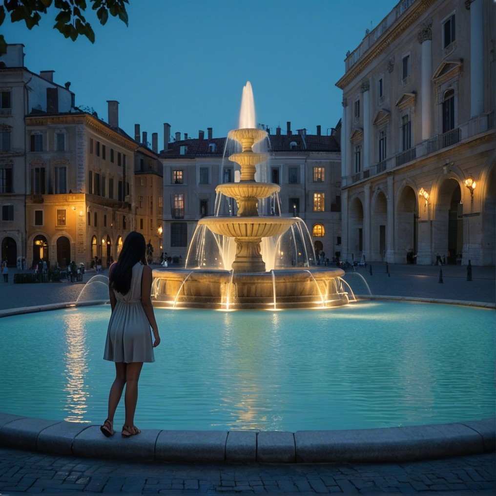 Serene Evening Scene with Illuminated Fountain and Buildings