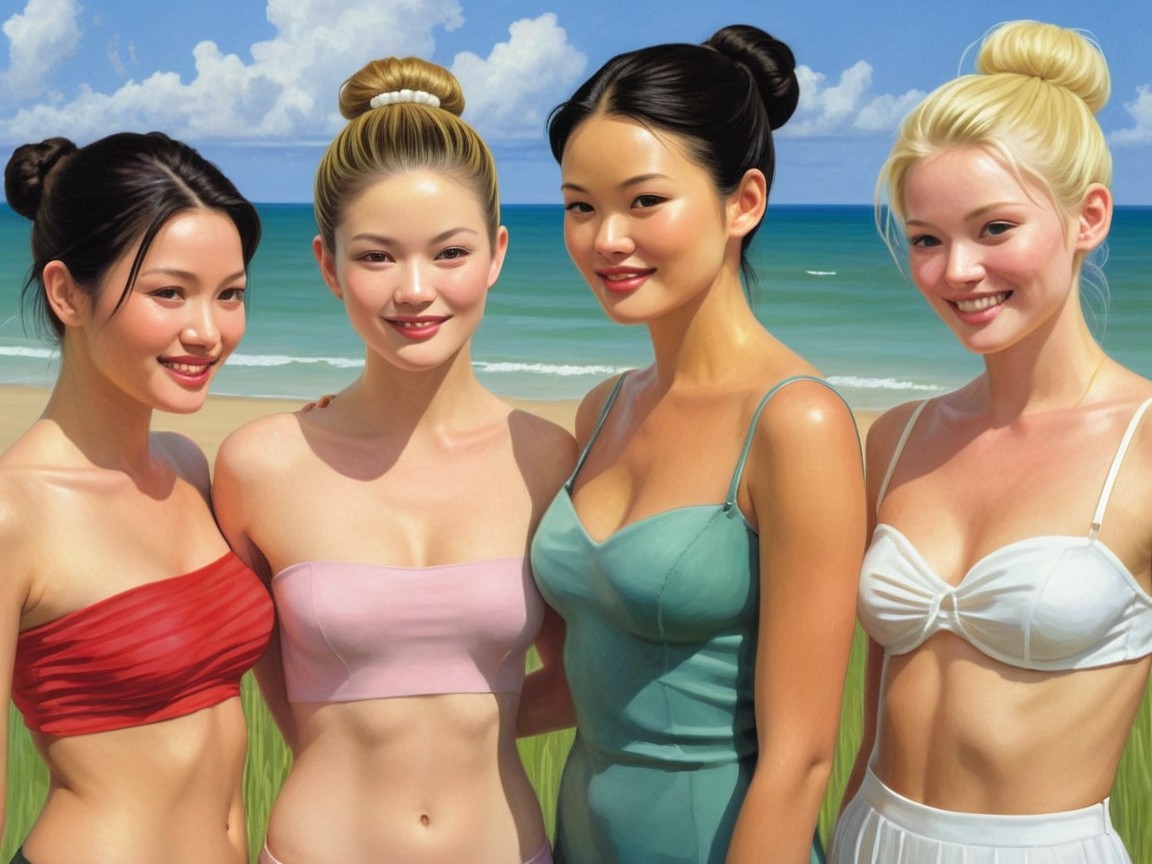 Young women in diverse beach outfits enjoying sunshine