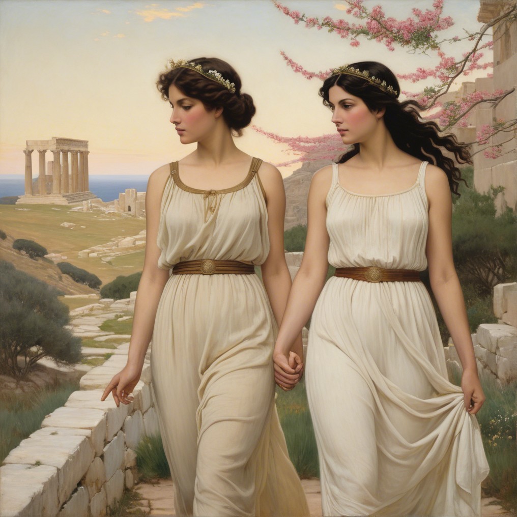 Women in Greek gowns walking through cherry blossoms