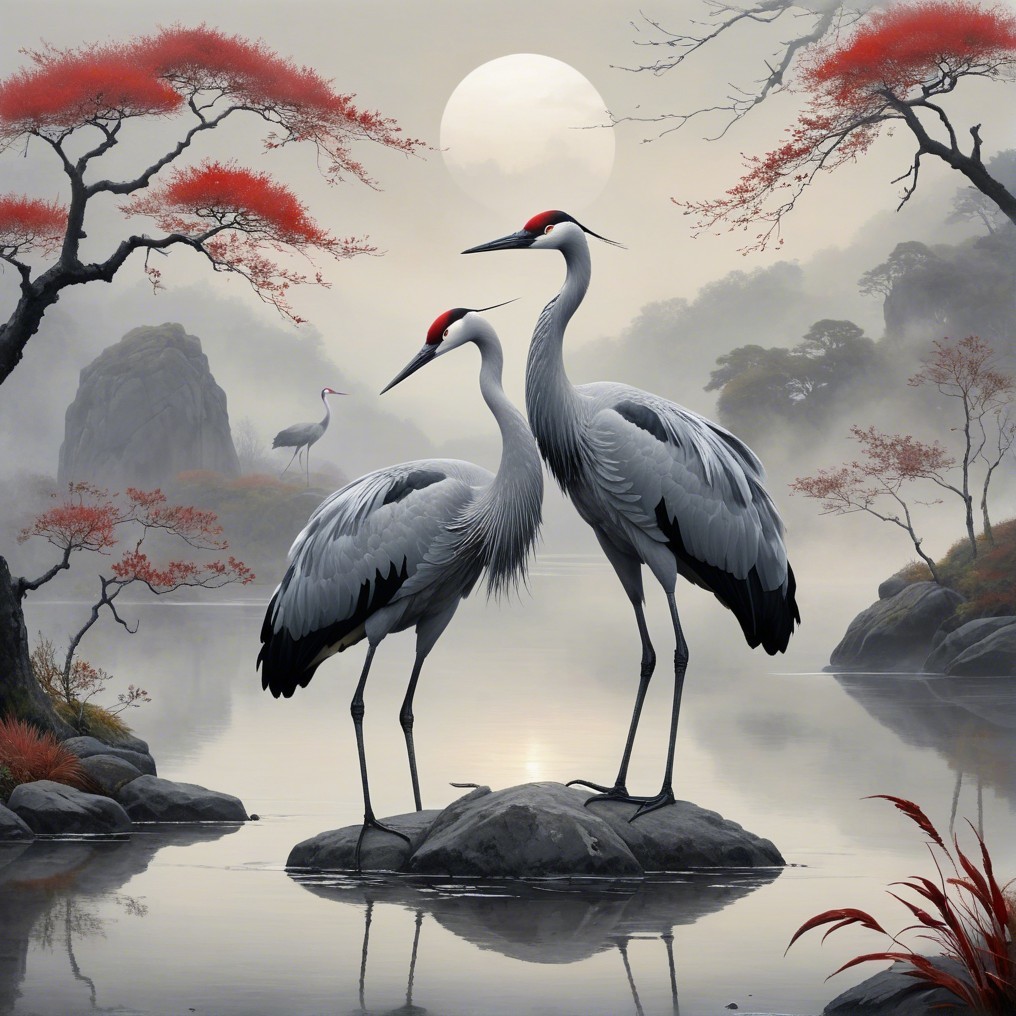 Cranes in Serene Landscape with Mist and Moonlight
