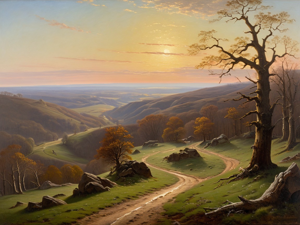 Detailed Landscape Painting of a Winding Dirt Road
