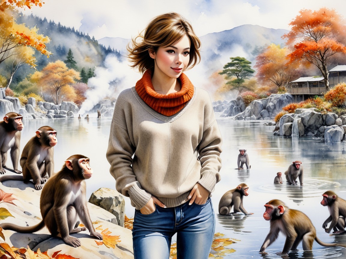 Autumn Scene with Woman, Monkeys, and Lake Foliage