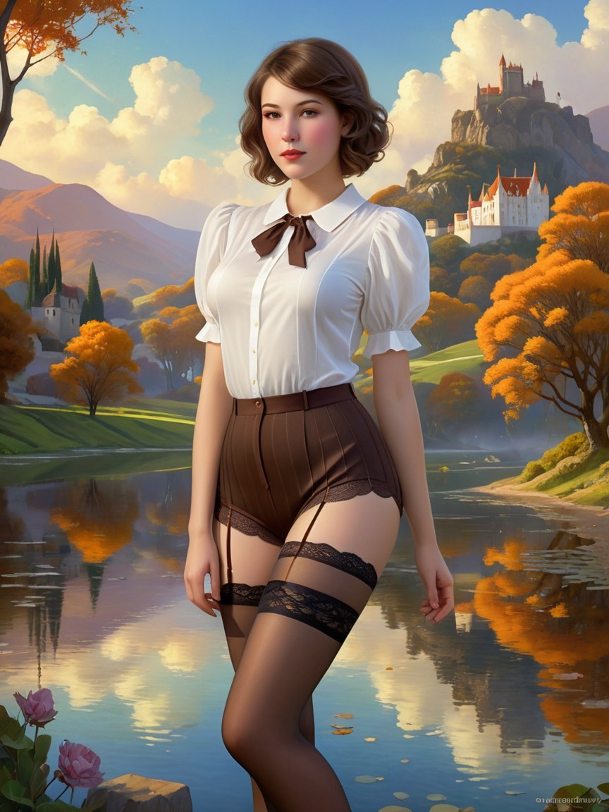 Young Woman by Serene Lake in Autumn Landscape