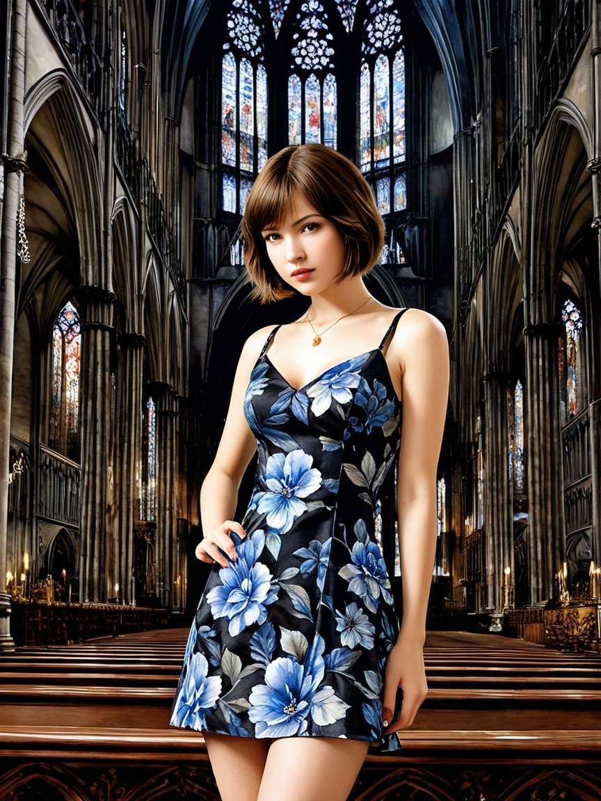 Young Woman in Floral Dress at Gothic Cathedral