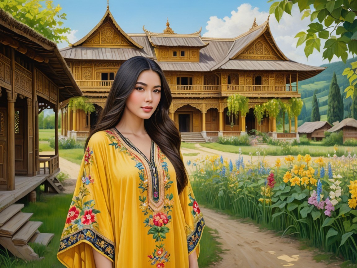 Woman in Yellow Dress in a Lush Garden Setting