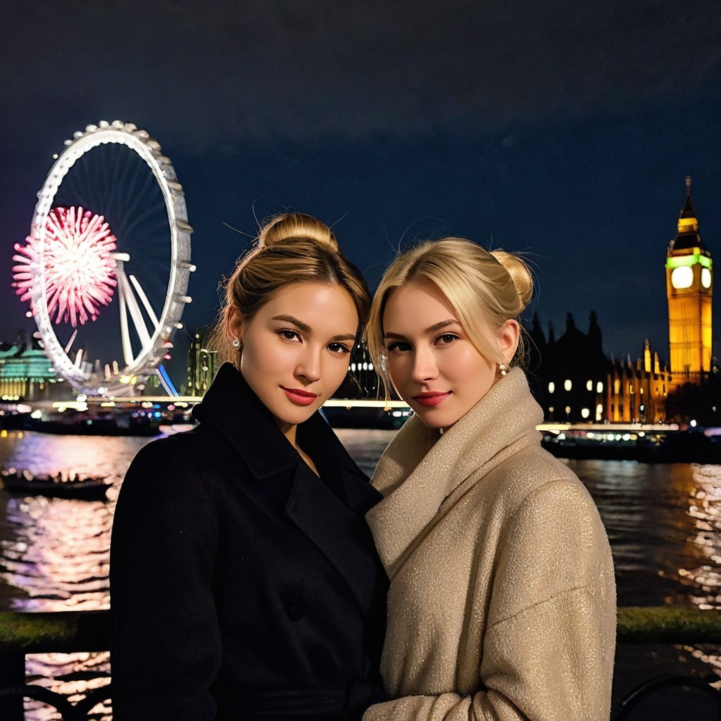 Twins in Dark Coats with London Eye Fireworks Background