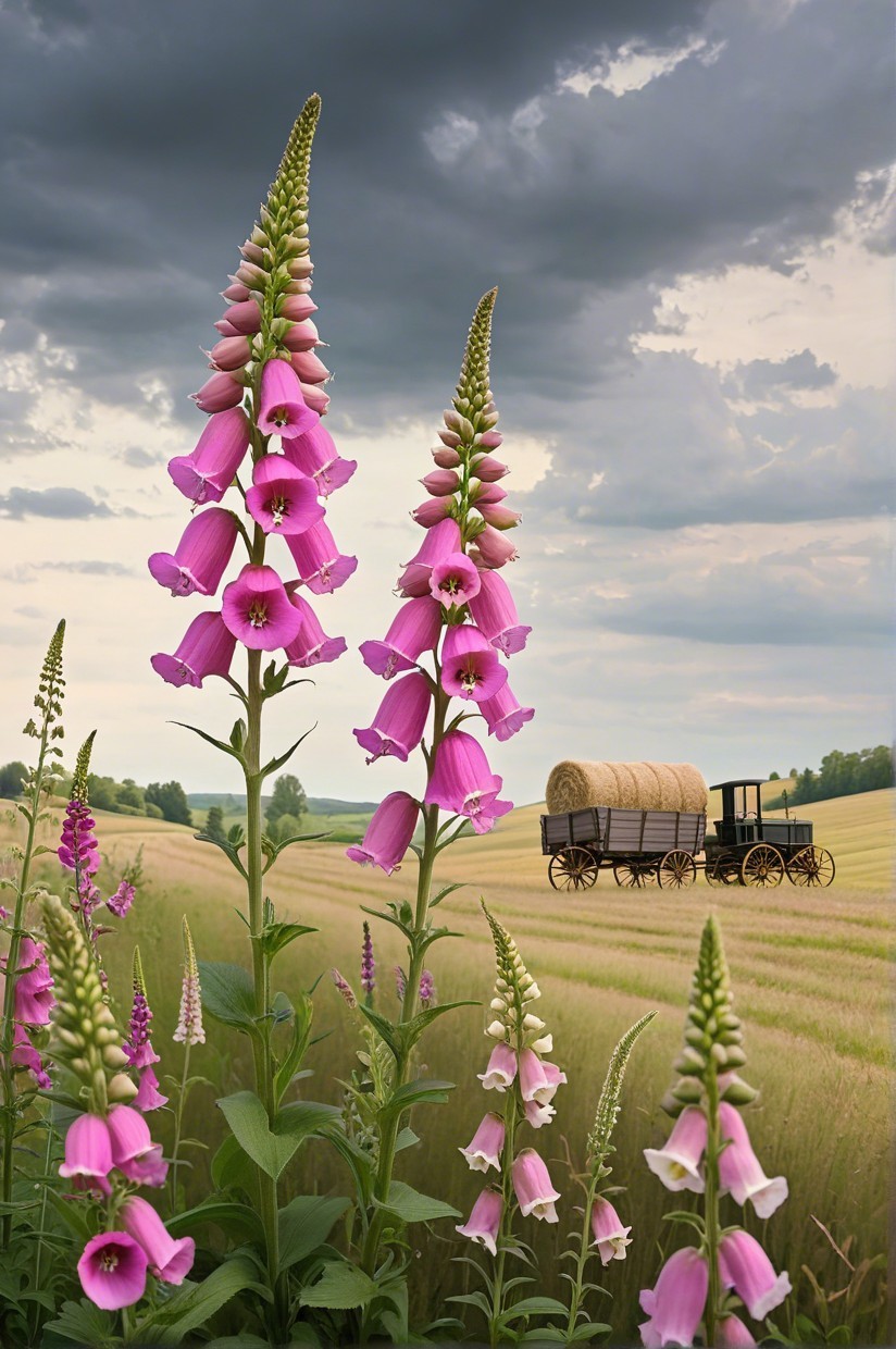 Vibrant Pink Foxglove Flowers and Vintage Wagon Scene