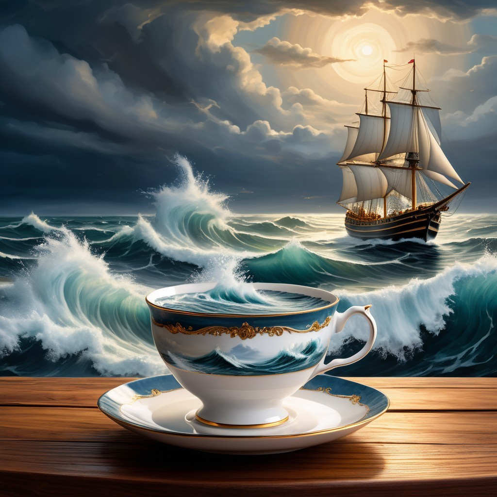 Porcelain Teacup and Saucer with Nautical Scene