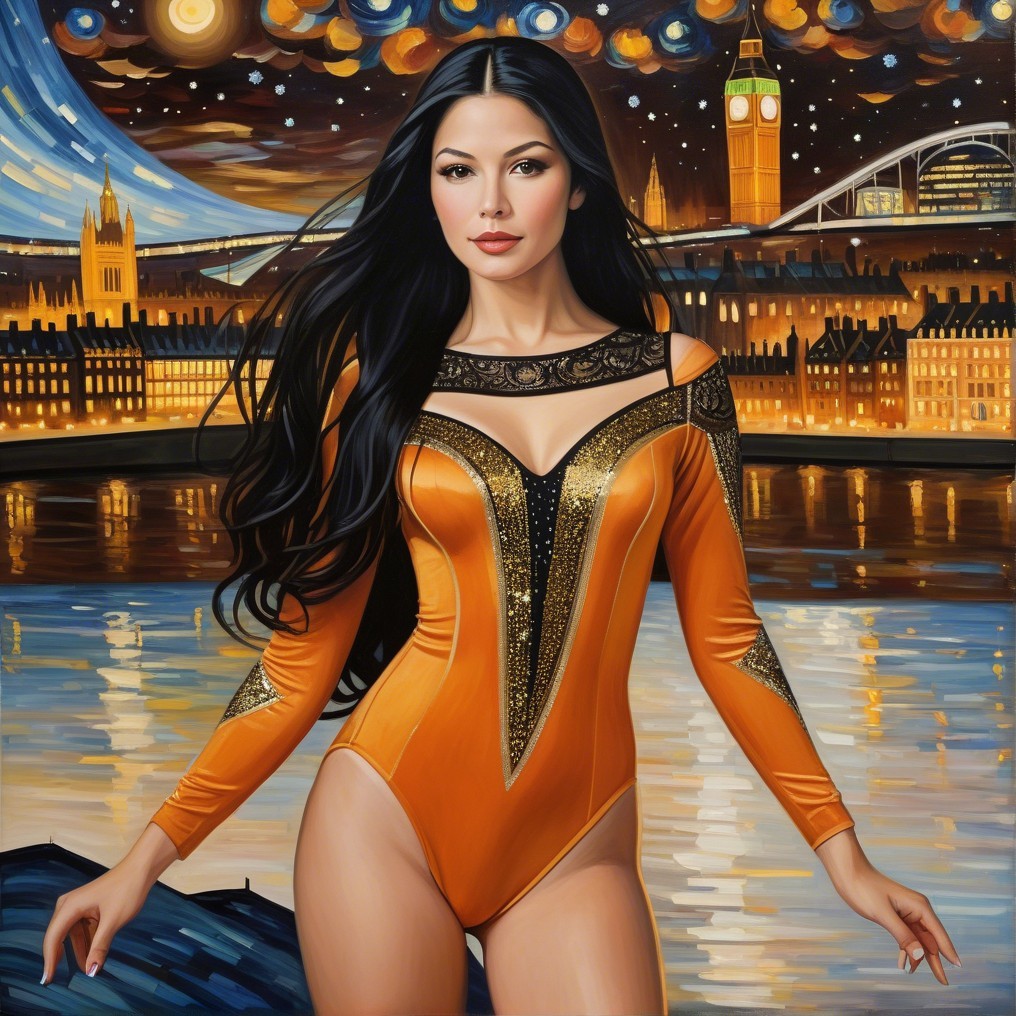 Vibrant Orange Bodysuit Against Cityscape at Dusk