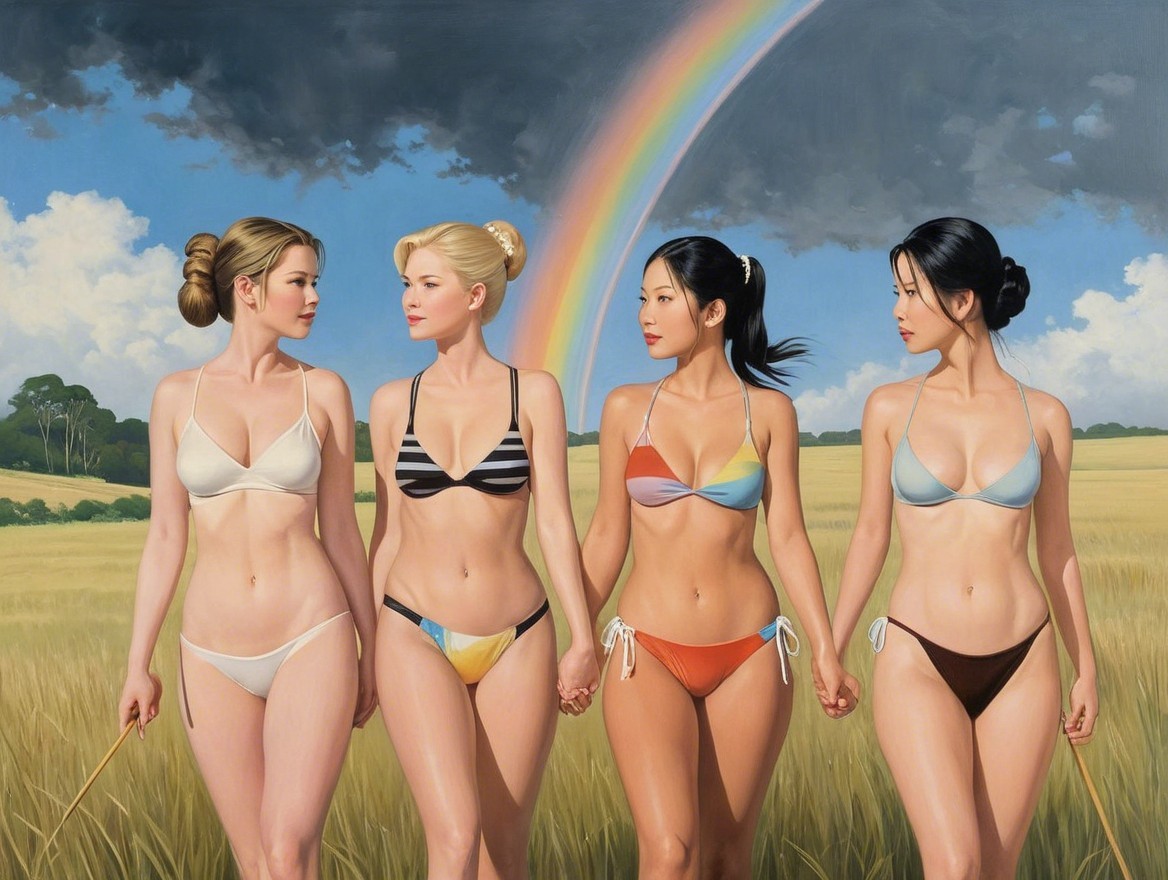 Four Women in Diverse Swimwear in a Golden Field