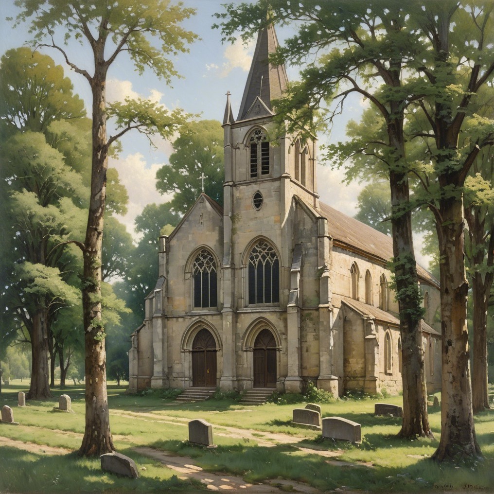 Gothic Stone Church Surrounded by Towering Trees