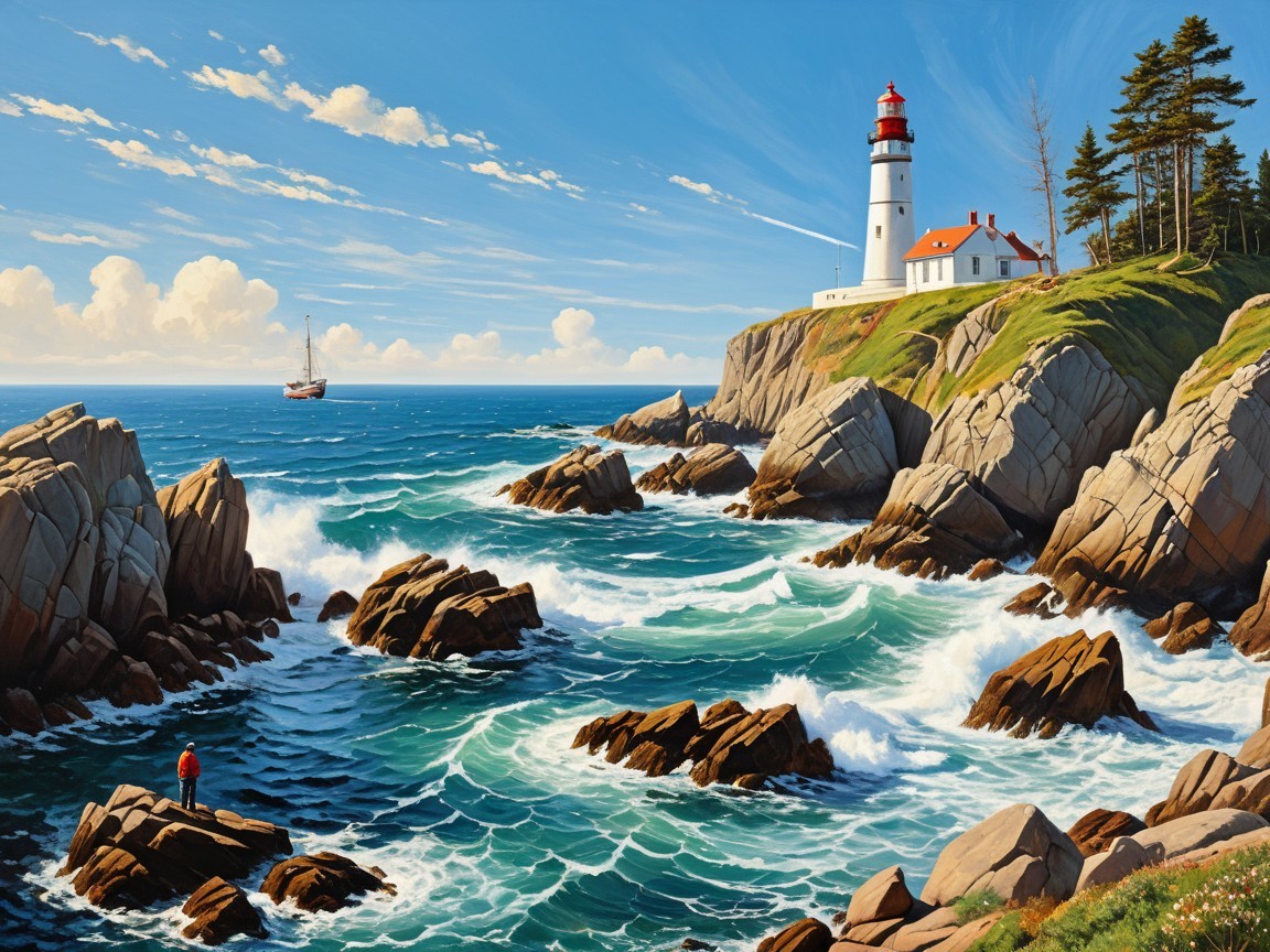 Man in red jacket views lighthouse and ocean scenery