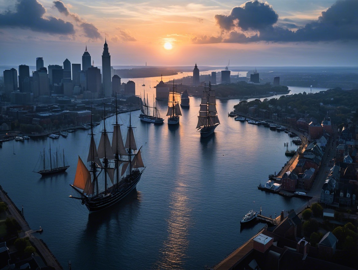 Sunset Over Harbor with Tall Ships and City Skyline