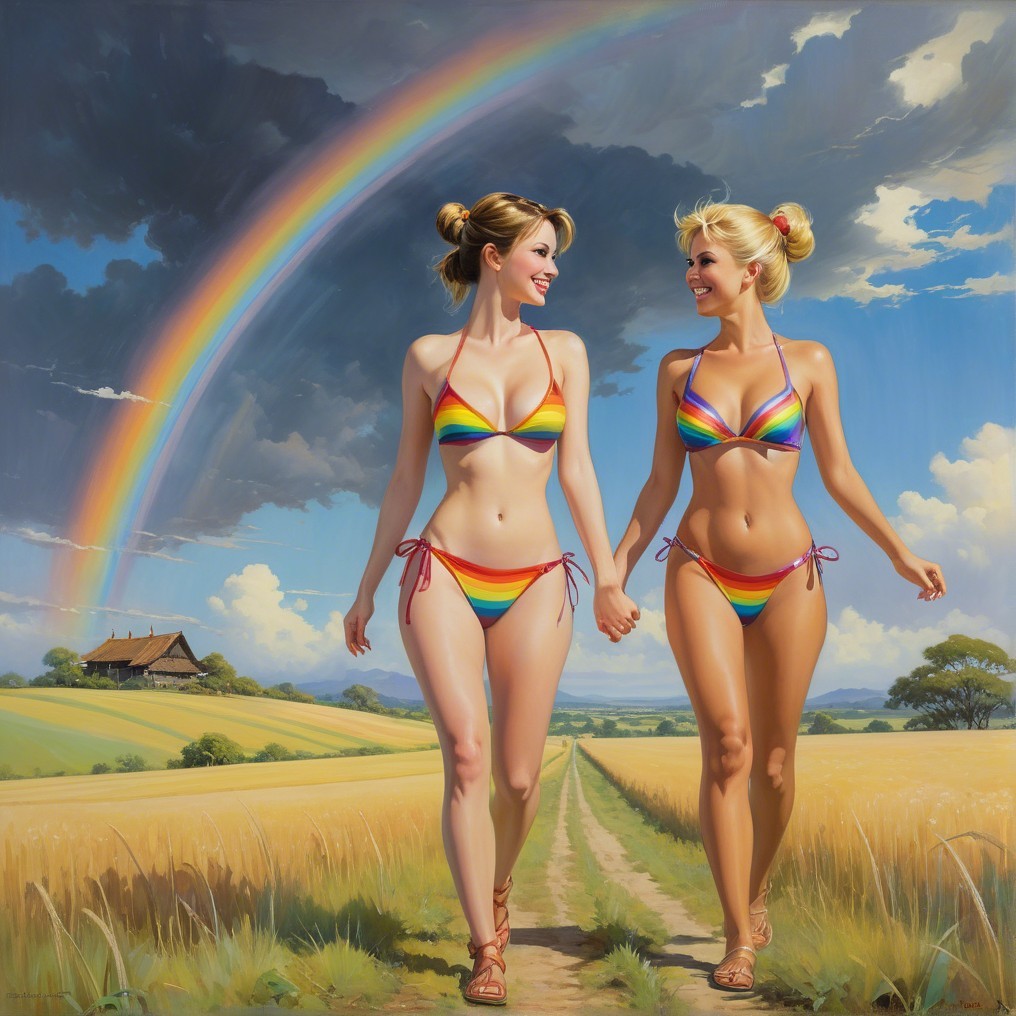 Women in Rainbow Bikinis on a Sunny Path with Cottage