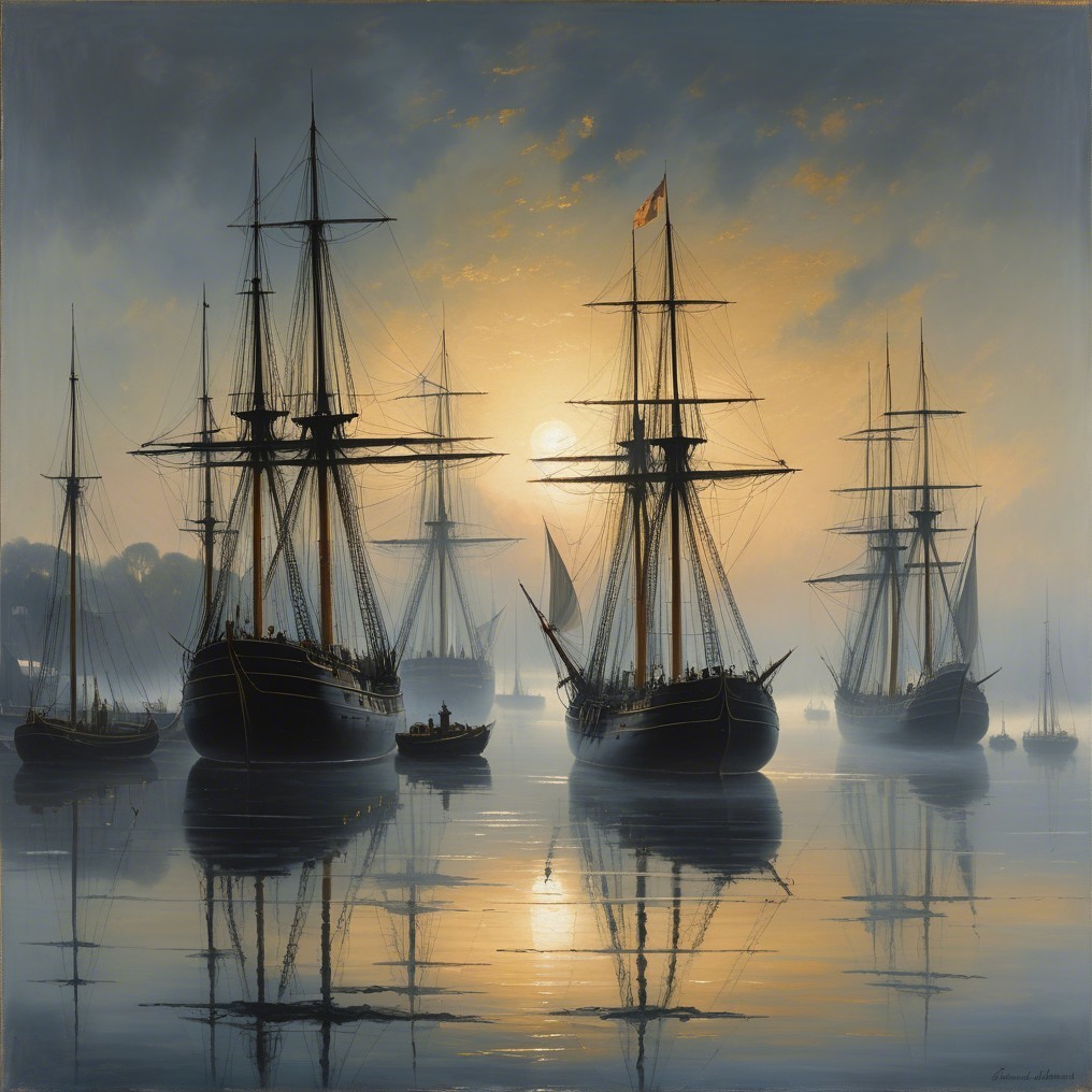 Serene Maritime Scene with Ships at Sunrise