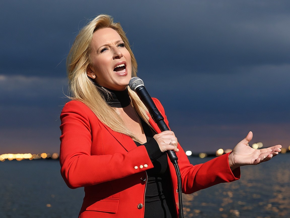Woman Singing Outdoors in Red Blazer at Sunset