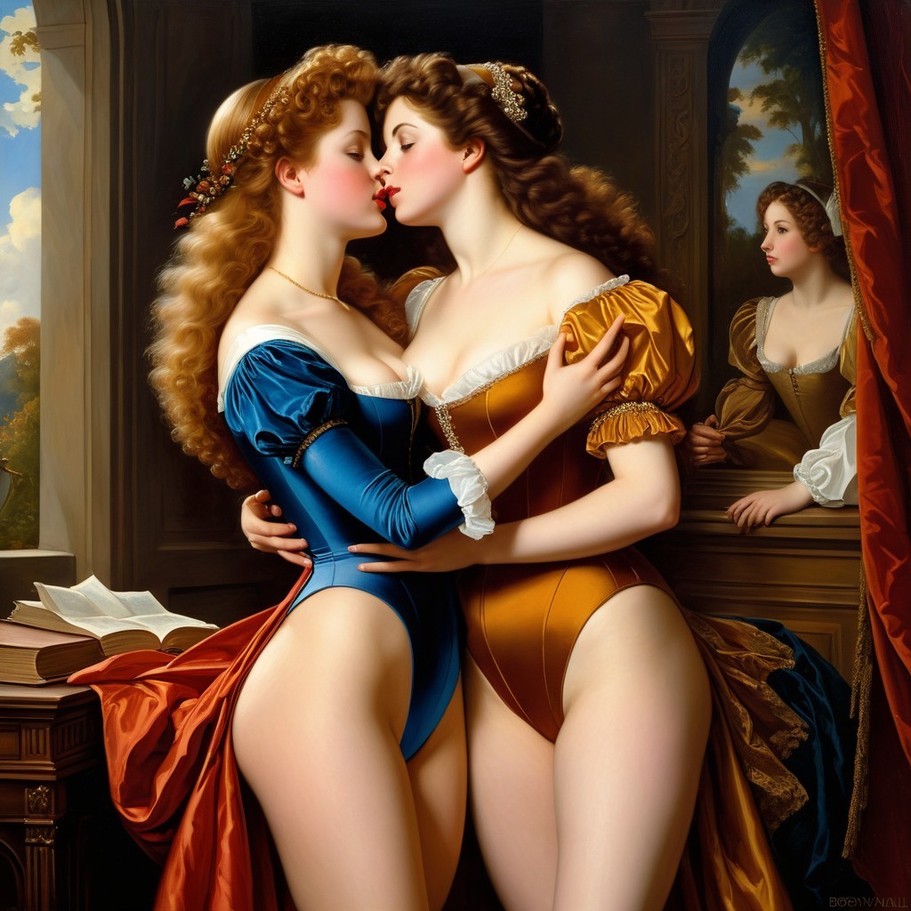 Elegant Women Kissing in Romantic Historical Setting
