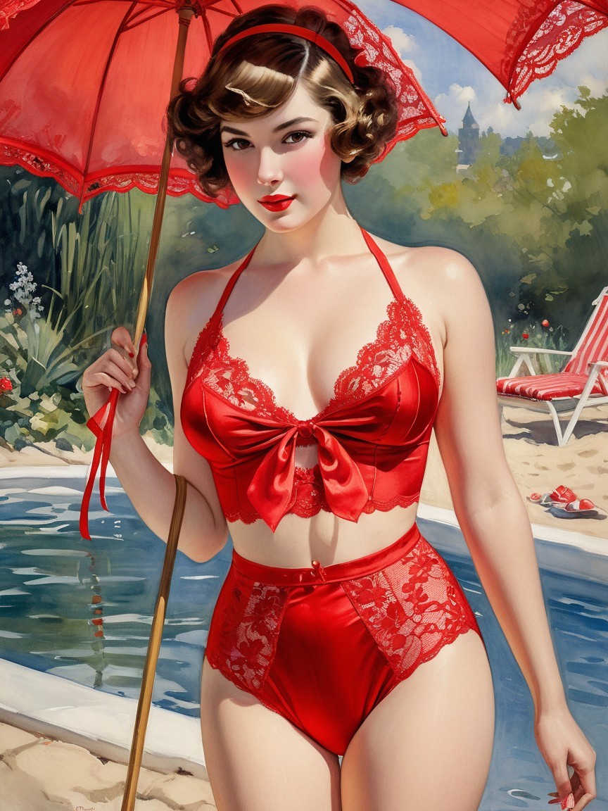Vintage Summer Scene with Woman in Red Swimsuit