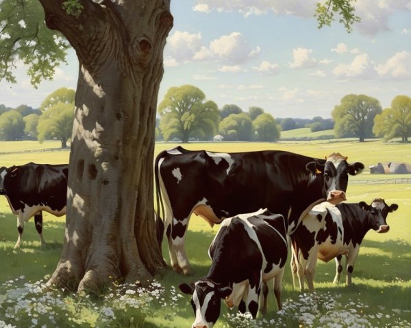 Pastoral Scene with Cows Grazing Under a Tree