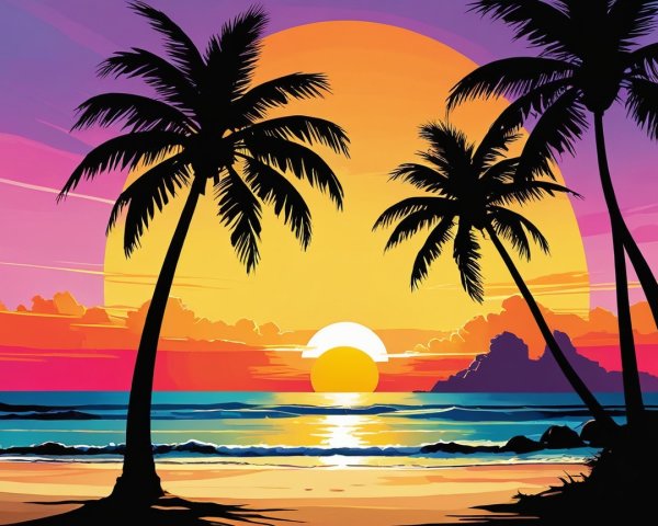 Vibrant Sunset Over Ocean with Silhouetted Palm Trees