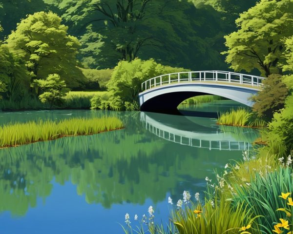 Serene River Landscape with White Bridge and Wildflowers