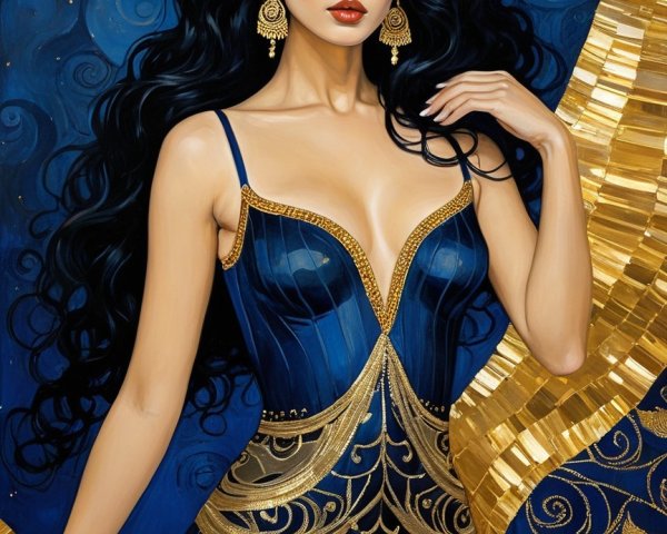 Elegant Woman in Blue Swimsuit with Golden Accents