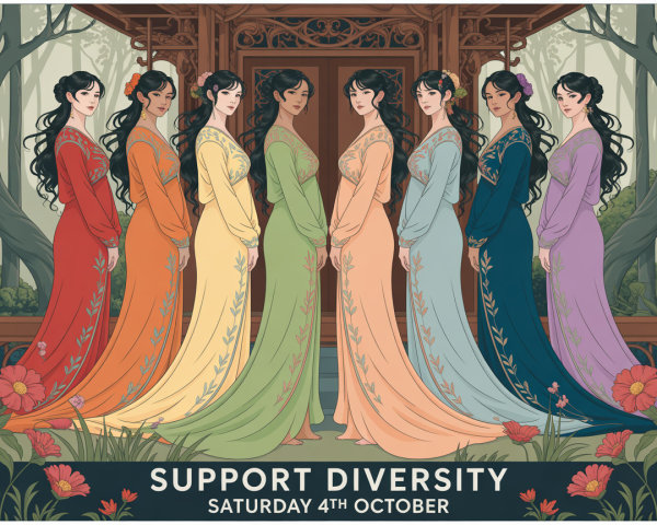 Eight Women in Colorful Gowns in Tranquil Setting