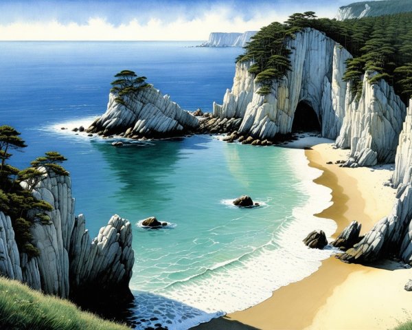 Coastal Scene with Cliffs, Pine Trees, and Turquoise Waters