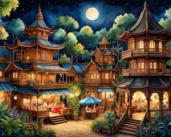 Charming Village Under Starry Night Sky with Moonlight
