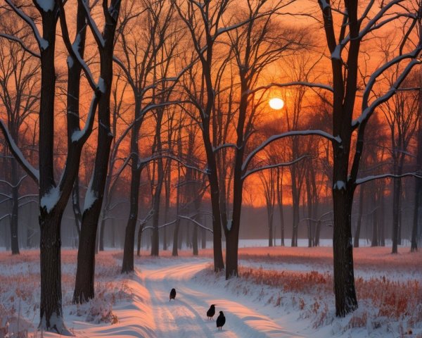 Serene winter landscape with sunset and snowy path