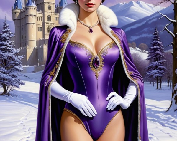 Regal Woman in Purple Gown in Snowy Landscape