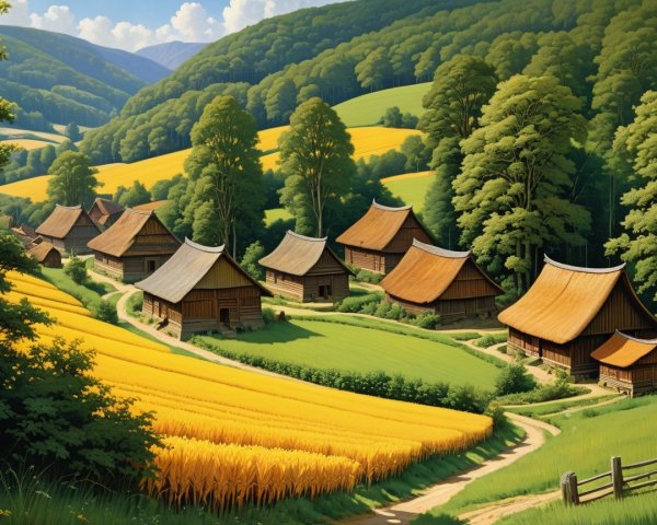 Quaint Wooden Houses in a Serene Rural Landscape