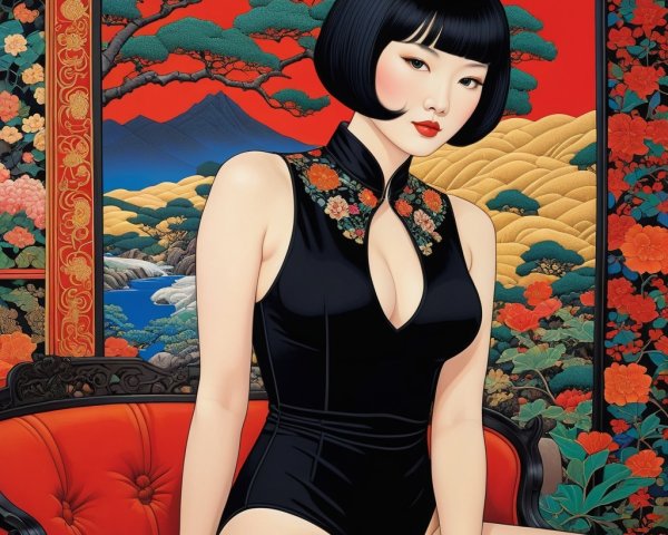 Black One-Piece with Floral Embroidery and Tapestry背景