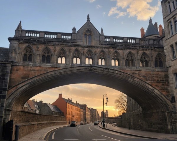 Gothic Stone Bridge Over Tranquil Street at Sunset