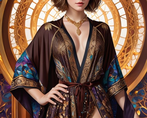 Elegant Woman in Ornate Robe with Vibrant Patterns