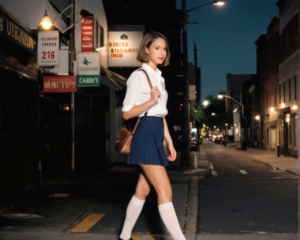 Young woman in chic outfit on twilight city street