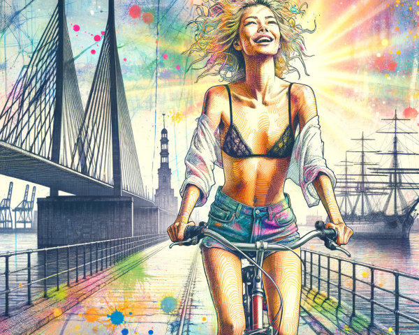 Joyful Young Woman Cycling by Colorful Waterfront