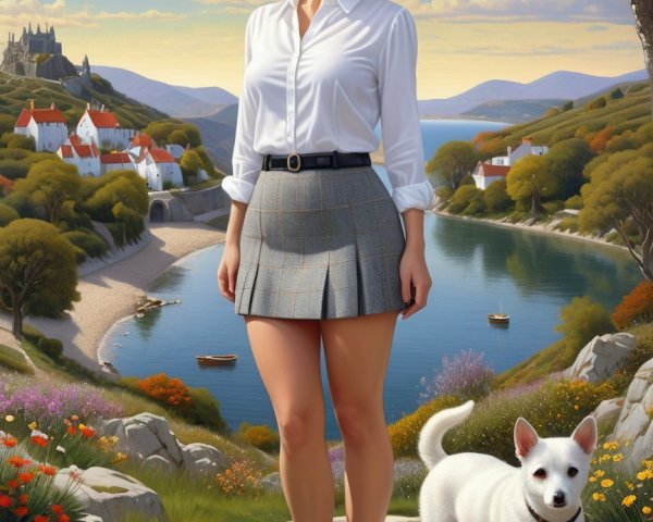 Fashionable Woman by Serene River with Dog and Mountains