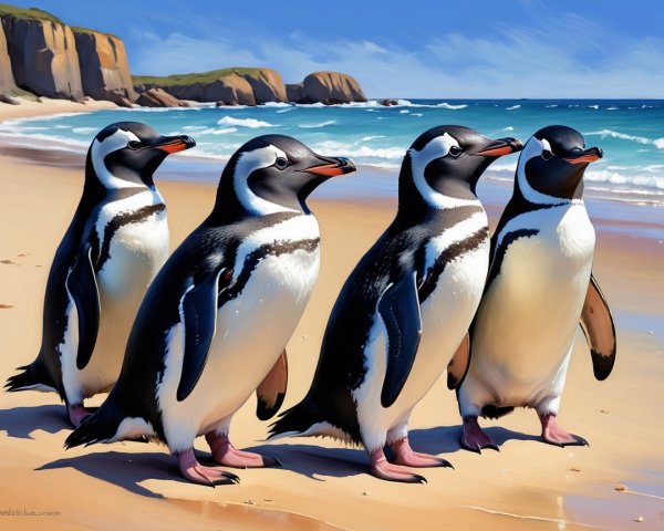 Penguins Walking on a Sandy Beach with Cliffs
