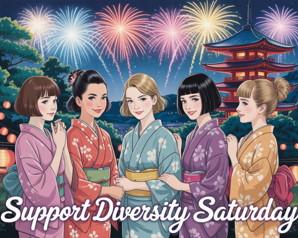 Five Women in Kimonos Under Fireworks Display
