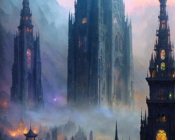 Fantasy Landscape with Gothic Spires and Mist