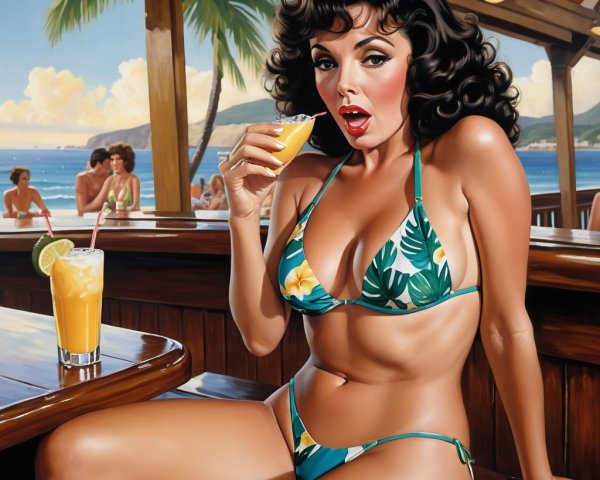 Glamorous Woman at Tropical Bar with Colorful Cocktail